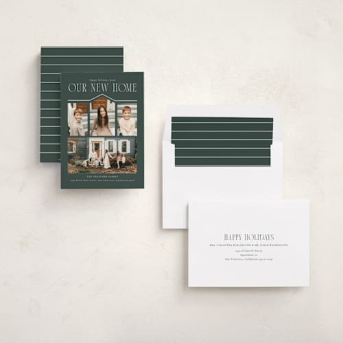 This is a evergreen holiday photo cards with standard by Angela Garrick called we moved printing on recycled smooth signature in standard