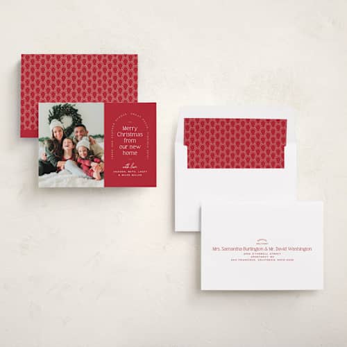 This is a cardinal holiday photo cards with standard by Owl and Toad called address arch printing on recycled smooth signature in standard