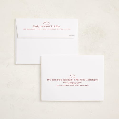 This is a cardinal holiday photo cards with standard by Owl and Toad called address arch printing on recycled smooth signature in standard