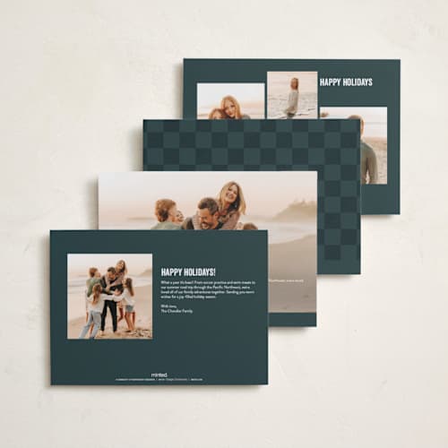 This is a blue spruce holiday photo cards with standard by Brooke Chandler called our pack to yours printing on recycled smooth signature in standard