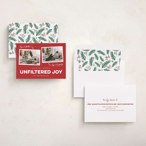 This is a pomegranate holiday photo cards with standard by Erica Krystek called unfiltered joy printing on recycled smooth signature in standard