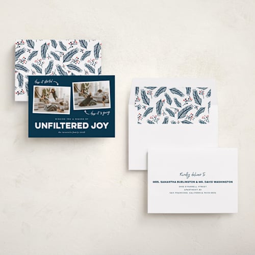 This is a navy holiday photo cards with standard by Erica Krystek called unfiltered joy printing on recycled smooth signature in standard