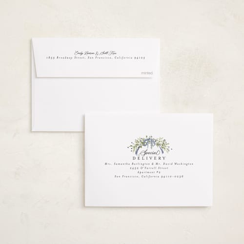 This is a blue spruce holiday photo cards with standard by Everett Paper Goods called boughs of pine printing on recycled smooth signature in standard