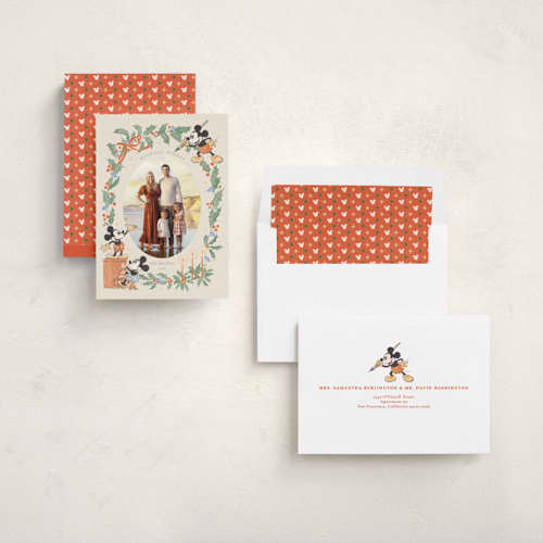 This is a vanilla holiday photo cards with standard by Sabrin Deirani called mickey merriest wishes printing on recycled smooth signature in standard