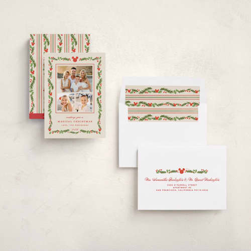 This is a stocking holiday photo cards with standard by Creo Study called disney’s mickey vintage holiday greens printing on recycled smooth signature in standard