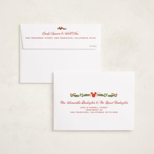 This is a stocking holiday photo cards with standard by Creo Study called disney’s mickey vintage holiday greens printing on recycled smooth signature in standard