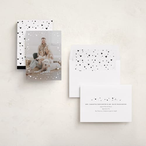 This is a snow holiday photo cards with standard by AK Graphics called mickey confetti printing on recycled smooth signature in standard