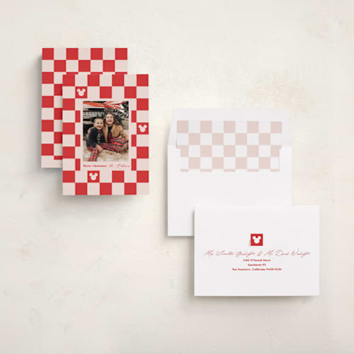This is a minnie's bow holiday photo cards with standard by Carrie ONeal called disney mickey checkerboard printing on recycled smooth signature in standard