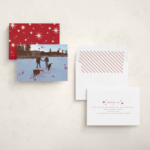 This is a cranberry holiday photo cards with standard by Wildfield Paper Co called twinkle! printing on recycled smooth signature in standard