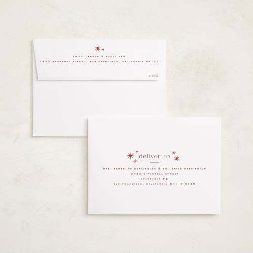This is a cranberry holiday photo cards with standard by Wildfield Paper Co called twinkle! printing on recycled smooth signature in standard