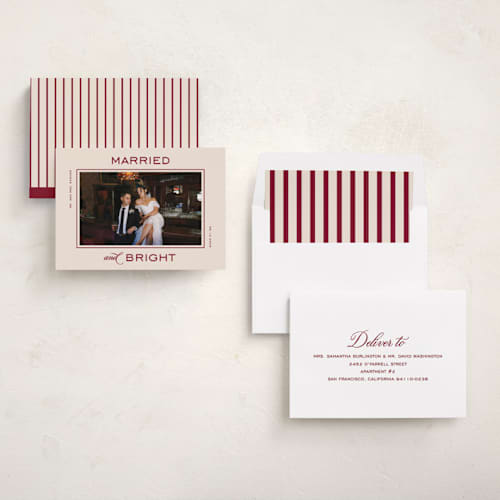 This is a eggnog holiday photo cards with standard by Creo Study called married and bright printing on recycled smooth signature in standard