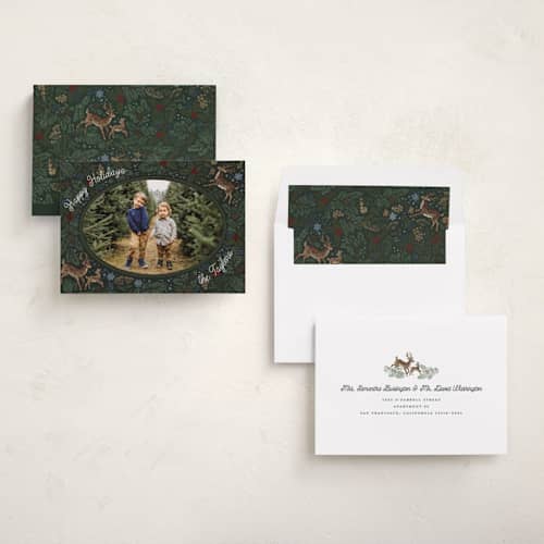 This is a pine needle holiday photo cards with standard by Jenna Holcomb called embroidered forest printing on signature in standard
