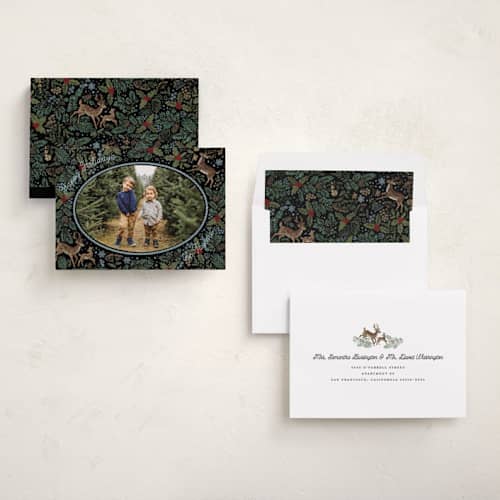 This is a coal holiday photo cards with standard by Jenna Holcomb called embroidered forest printing on signature in standard