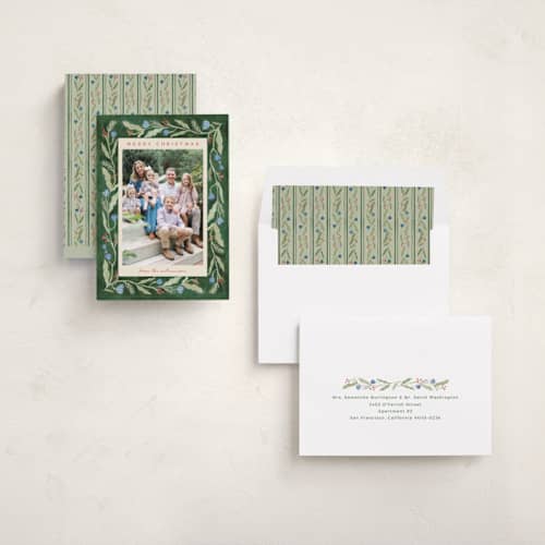 This is a pine holiday photo cards with standard by Amy Kross called verdant printing on recycled smooth signature in standard