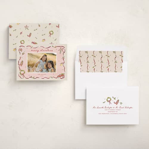 This is a holly berry holiday photo cards with standard by Sarah Rosenthal called homestead cheer printing on recycled smooth signature in standard