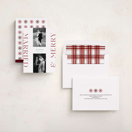 This is a cranberry holiday photo cards with standard by Laura Bercovich called merrily married printing on recycled smooth signature in standard