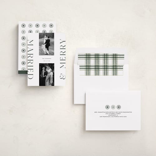 This is a fir holiday photo cards with standard by Laura Bercovich called merrily married printing on recycled smooth signature in standard