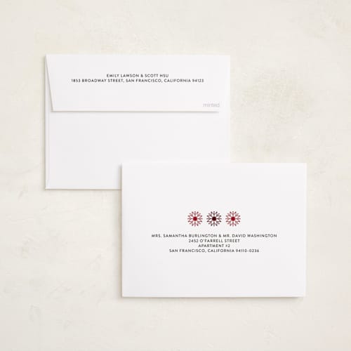 This is a cranberry holiday photo cards with standard by Laura Bercovich called merrily married printing on recycled smooth signature in standard