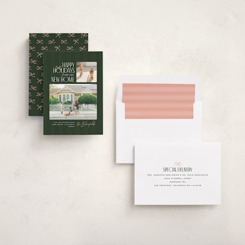 This is a evergreen holiday photo cards with standard by Owl and Toad called from our new home printing on recycled smooth signature in standard