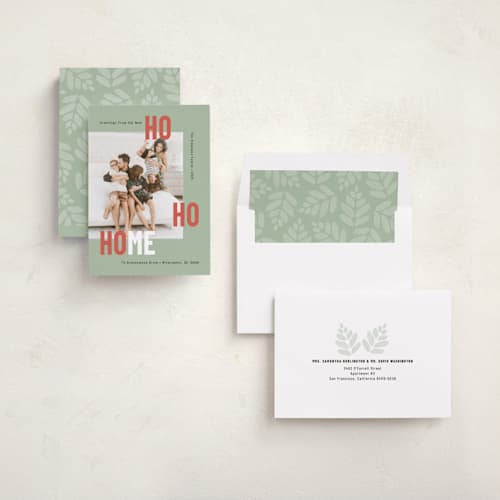 This is a sage holiday photo cards with standard by Mary Kay Garttmeier called new ho ho home printing on recycled smooth signature in standard