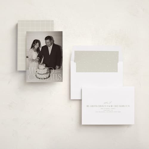This is a champagne holiday photo cards with standard by Ellen Schlegelmilch called serif married christmas printing on recycled smooth signature in standard