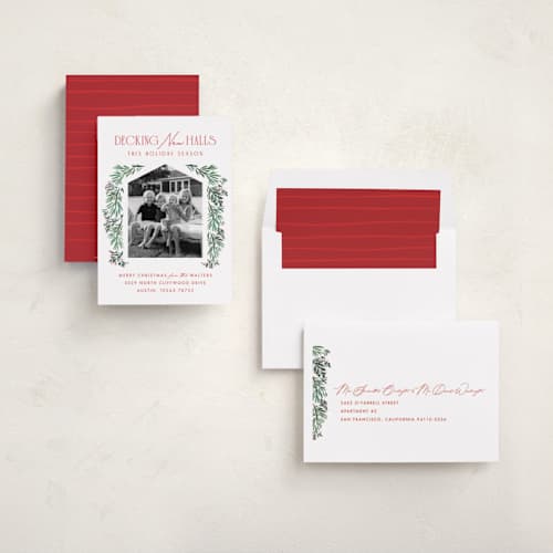 This is a holly berry holiday photo cards with standard by Julie Murray called decking new halls printing on recycled smooth signature in standard