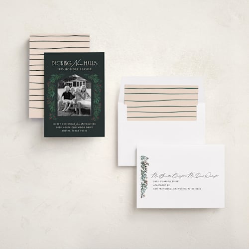 This is a midnight forest holiday photo cards with standard by Julie Murray called decking new halls printing on recycled smooth signature in standard