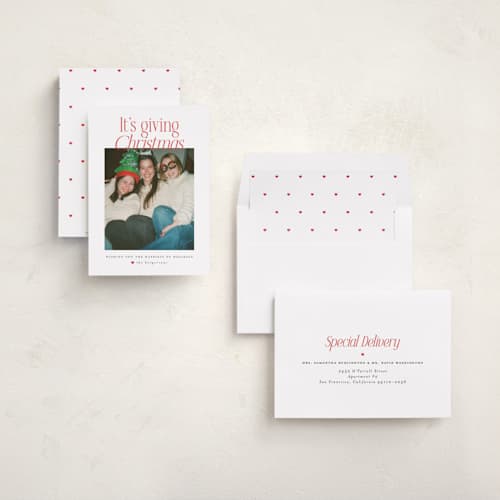 This is a cardinal holiday photo cards with standard by Itsy Belle Studio called it's giving christmas printing on recycled smooth signature in standard