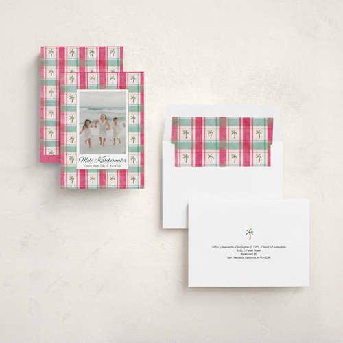 This is a mulberry holiday photo cards with standard by Colleen Lelie called tropical plaid christmas printing on recycled smooth signature in standard