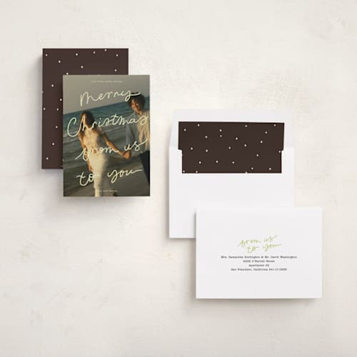 This is a pear holiday photo cards with standard by Abbigail Lim called postcard from us printing on recycled smooth signature in standard