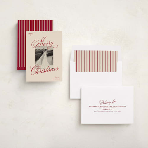 This is a burgundy holiday photo cards with standard by Ellen Schlegelmilch called vintage cinema printing on recycled smooth signature in standard