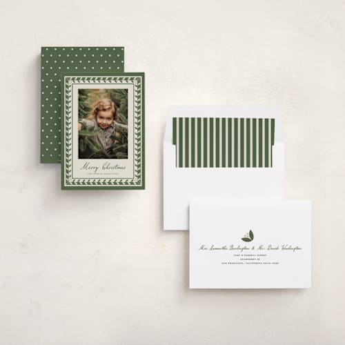 This is a pine holiday photo cards with standard by Maja Cunningham called linocut frame printing on recycled smooth signature in standard