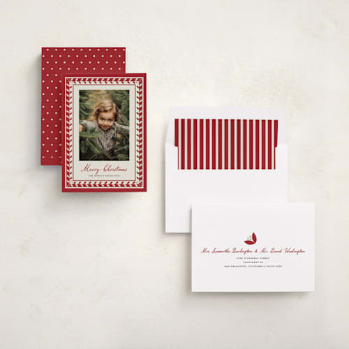 This is a berry holiday photo cards with standard by Maja Cunningham called linocut frame printing on recycled smooth signature in standard