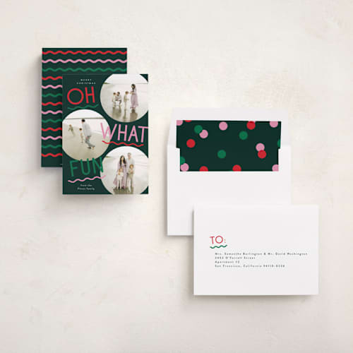 This is a elf shoes holiday photo cards with standard by Everett Paper Goods called fun redux printing on recycled smooth signature in standard