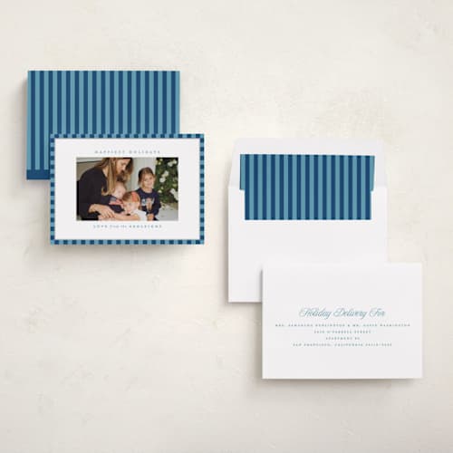 This is a navy holiday photo cards with standard by Kristie Kern called the charleston printing on recycled smooth signature in standard