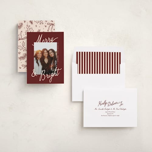 This is a cranberry holiday photo cards with standard by Pixel and Hank called jottings printing on recycled smooth signature in standard