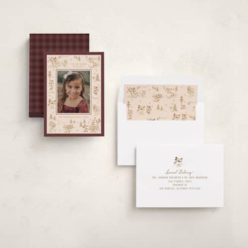 This is a caramel holiday photo cards with standard by Teju Reval called disney's mickey toile printing on recycled smooth signature in standard