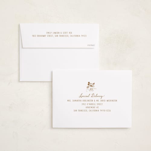 This is a caramel holiday photo cards with standard by Teju Reval called disney's mickey toile printing on recycled smooth signature in standard