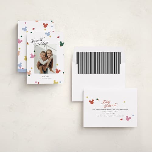 This is a fruitcake holiday photo cards with standard by Pixel and Hank called disney's mickey happy sprinkle printing on recycled smooth signature in standard