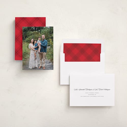 This is a snow holiday photo cards with standard by Kelly Schmidt called scripted corner printing on recycled smooth signature in standard