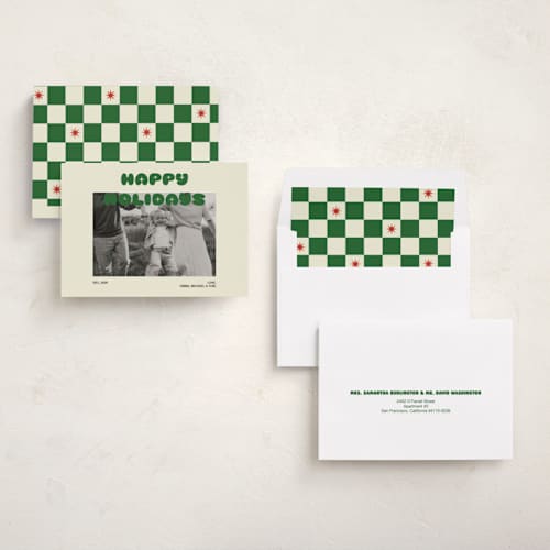 This is a elf shoes holiday photo cards with standard by Helena Vitto called retro days printing on recycled smooth signature in standard