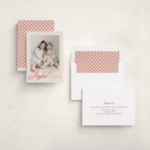 This is a berry holiday photo cards with standard by Pati Cascino called mina printing on recycled smooth signature in standard