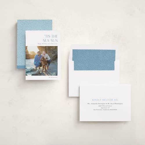 This is a sea spray holiday photo cards with standard by Corinne Malesic called tis the sea-sun printing on recycled smooth signature in standard
