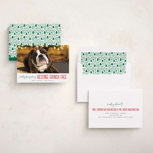 This is a snowball holiday photo cards with standard by Erica Krystek called grinch face printing on recycled smooth signature in standard