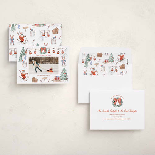 This is a santa suit holiday photo cards with standard by Sarah Knight called snow much fun printing on recycled smooth signature in standard