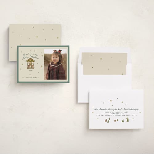 This is a pine holiday photo cards with standard by Bailamor Design by CM called carousel printing on recycled smooth signature in standard