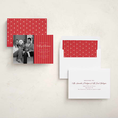 This is a santa suit holiday photo cards with standard by Olivia Raufman called charming stripe printing on recycled smooth signature in standard