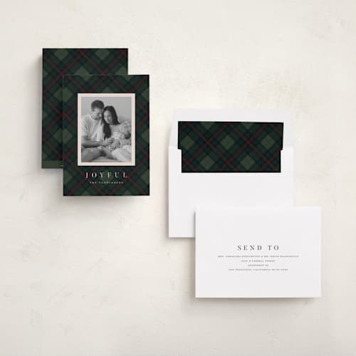 This is a pine holiday photo cards with standard by Olivia Kanaley Inman called balmoral green printing on recycled smooth signature in standard