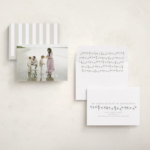This is a snow holiday photo cards with standard by Kate Ross called love joy printing on recycled smooth signature in standard