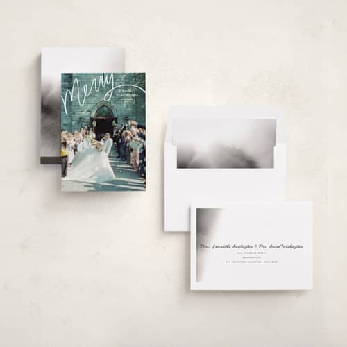This is a wedding cake holiday photo cards with standard by Becky Nimoy called merry hand lettered script printing on recycled smooth signature in standard